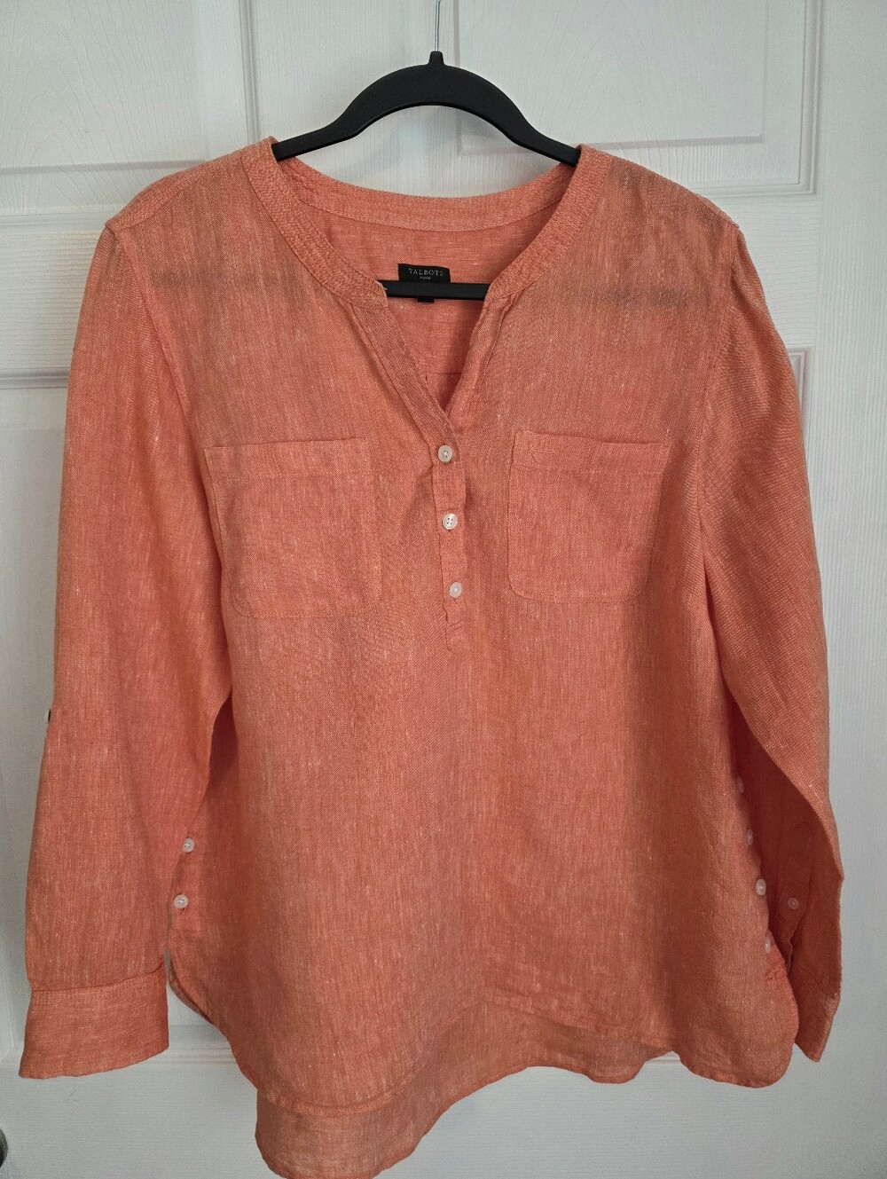Talbots Side Button Linen Band Collar Popover Shirt Coral Orange XLP BD2706